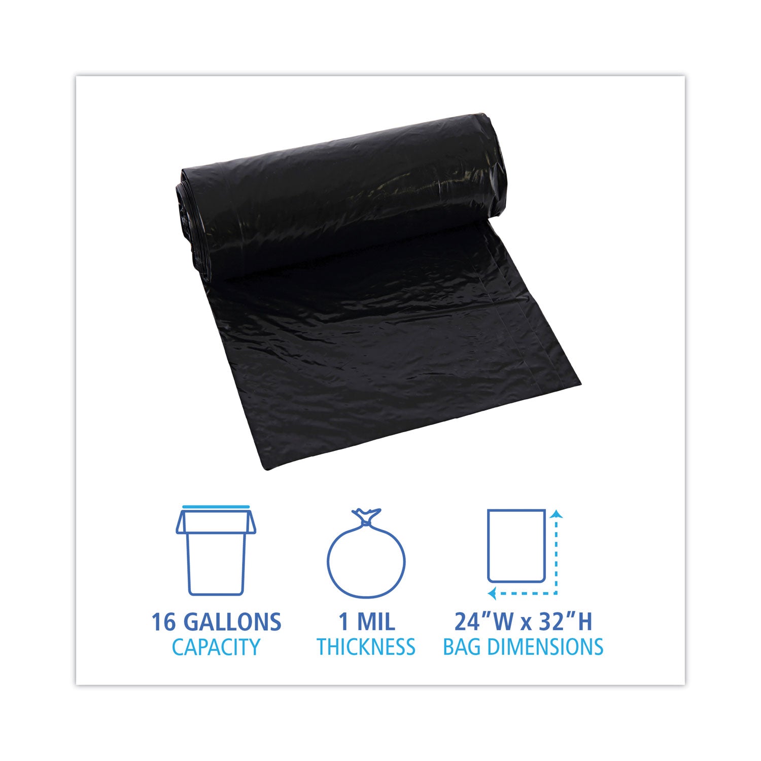 Low-Density Waste Can Liners, 16 gal, 1 mil, 24 x 32, Black, 10 Bags/Roll, 15 Rolls/Carton