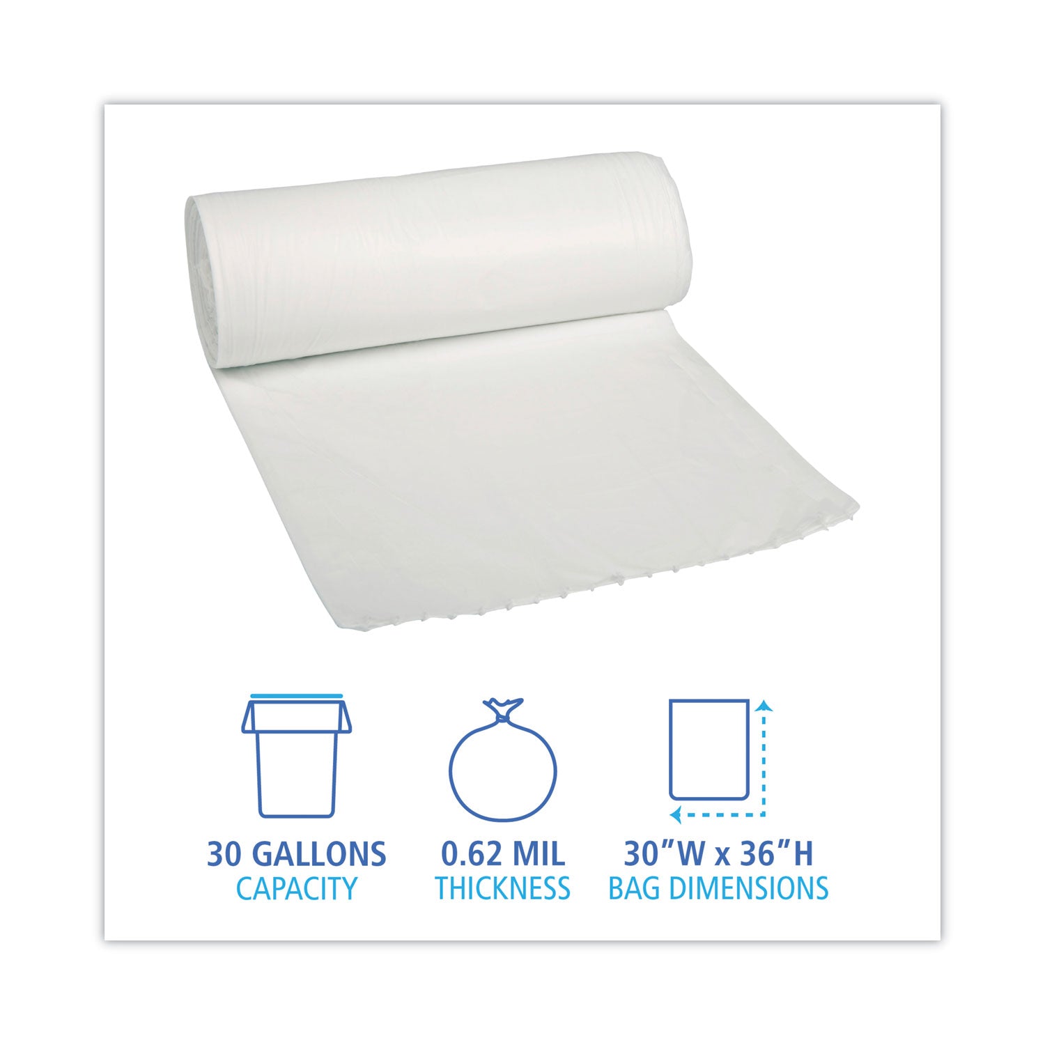 Linear Low Density Can Liners, 30 gal, 0.5 mil, 30" x 36", White, 10 Bags/Roll, 20 Rolls/Carton