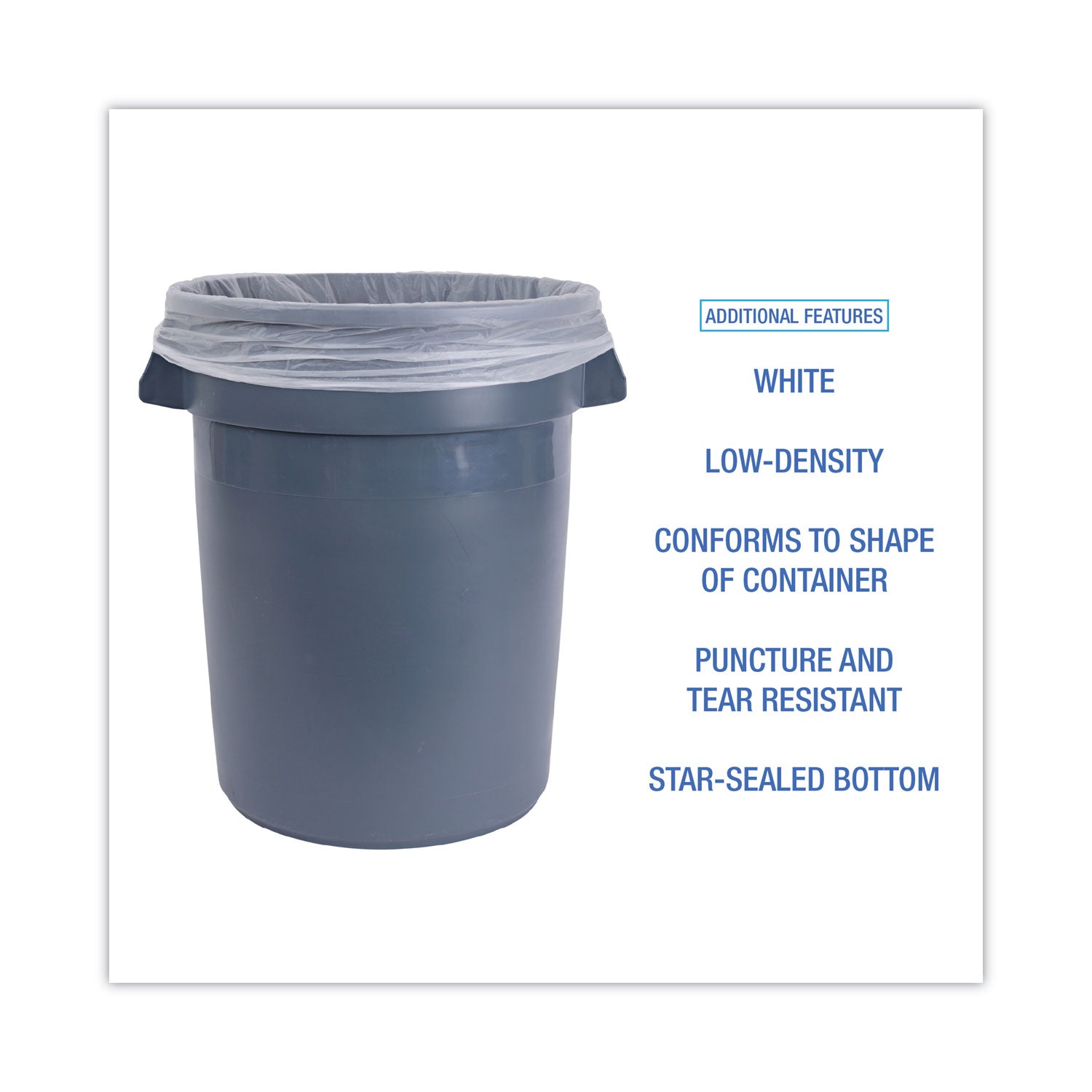 Linear Low Density Can Liners, 30 gal, 0.5 mil, 30" x 36", White, 10 Bags/Roll, 20 Rolls/Carton