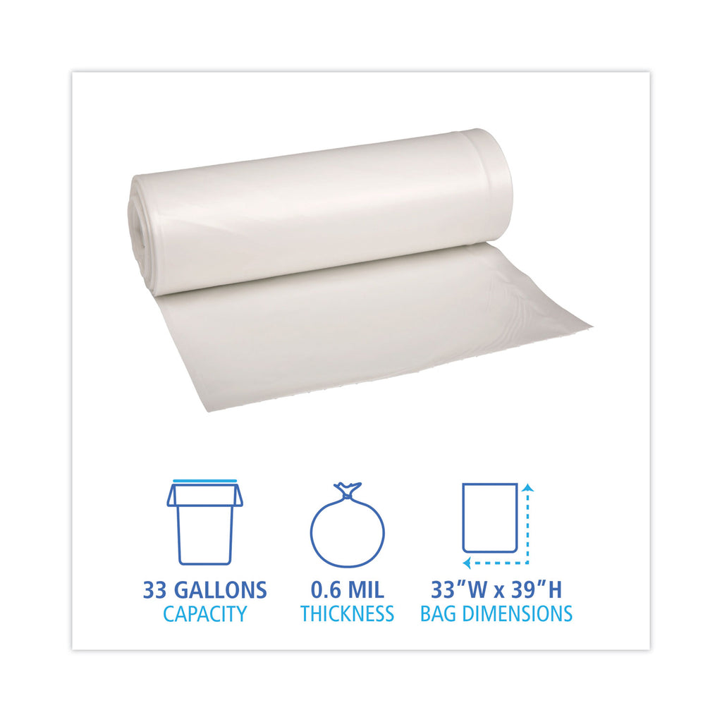 Low-Density Waste Can Liners, 33 gal, 0.6 mil, 33 x 39, White, 25 Bags/Roll, 6 Rolls/Carton