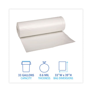Low-Density Waste Can Liners, 33 gal, 0.6 mil, 33 x 39, White, 25 Bags/Roll, 6 Rolls/Carton