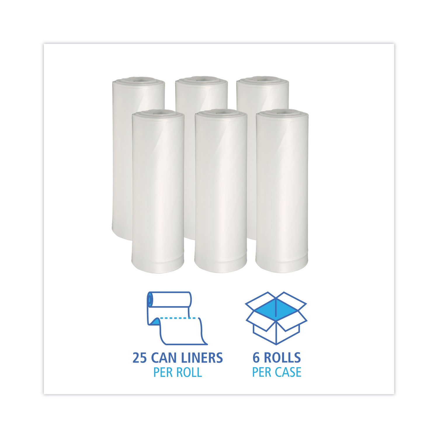 Low-Density Waste Can Liners, 33 gal, 0.6 mil, 33 x 39, White, 25 Bags/Roll, 6 Rolls/Carton