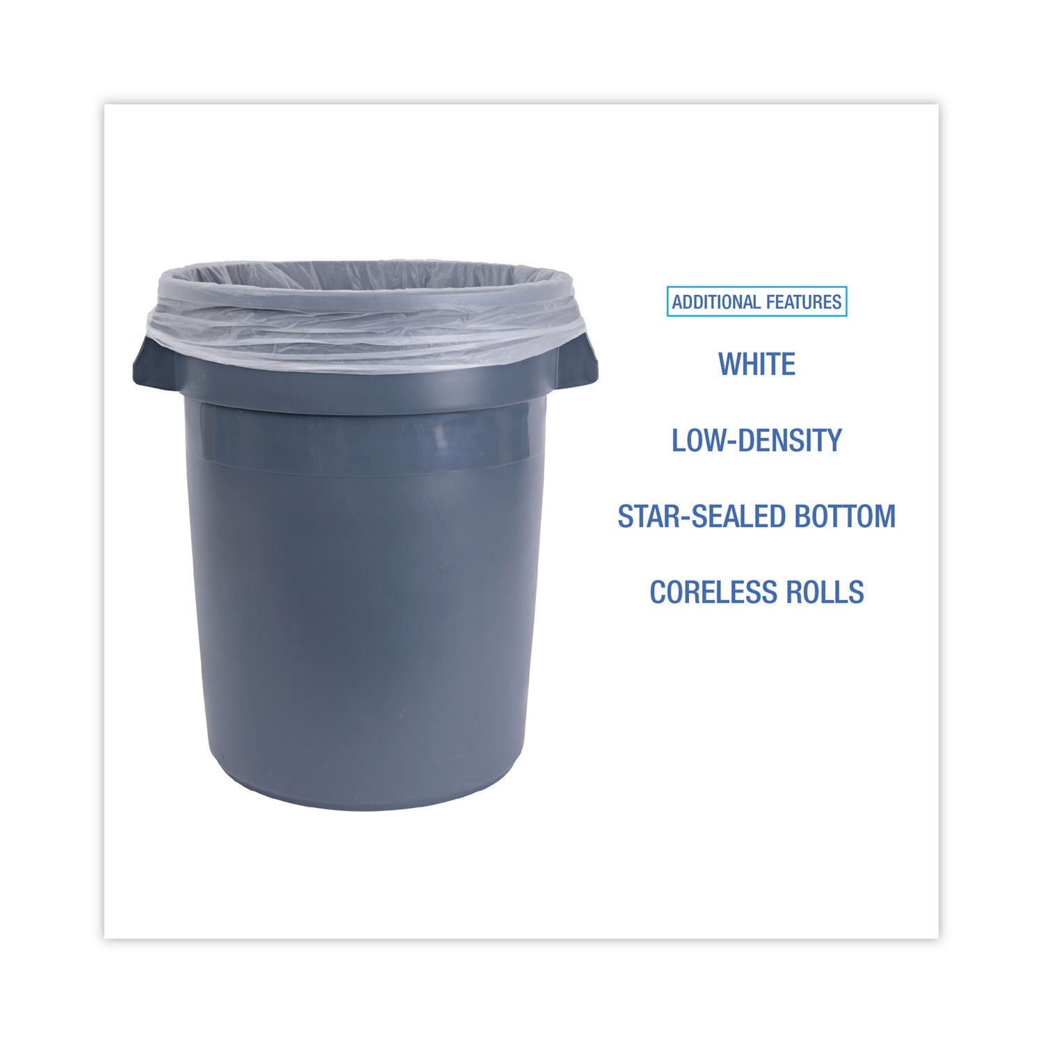 Low-Density Waste Can Liners, 33 gal, 0.6 mil, 33 x 39, White, 25 Bags/Roll, 6 Rolls/Carton