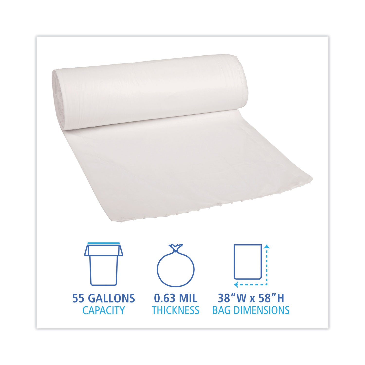 Linear Low Density Can Liners, 55 gal, 0.5 mil, 38" x 58", White, 10 Bags/Roll, 10 Rolls/Carton