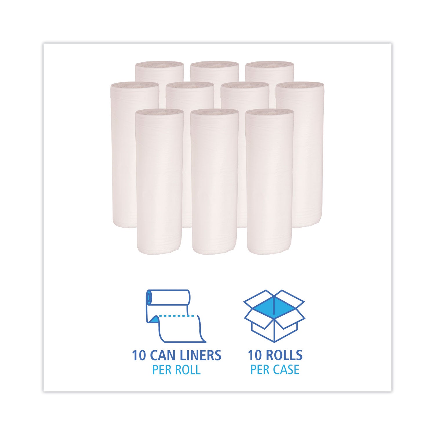 Linear Low Density Can Liners, 55 gal, 0.5 mil, 38" x 58", White, 10 Bags/Roll, 10 Rolls/Carton