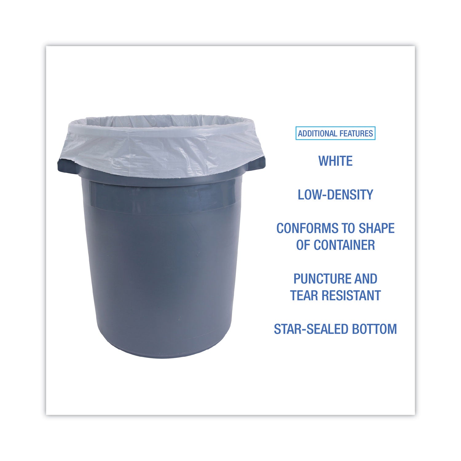 Linear Low Density Can Liners, 55 gal, 0.5 mil, 38" x 58", White, 10 Bags/Roll, 10 Rolls/Carton