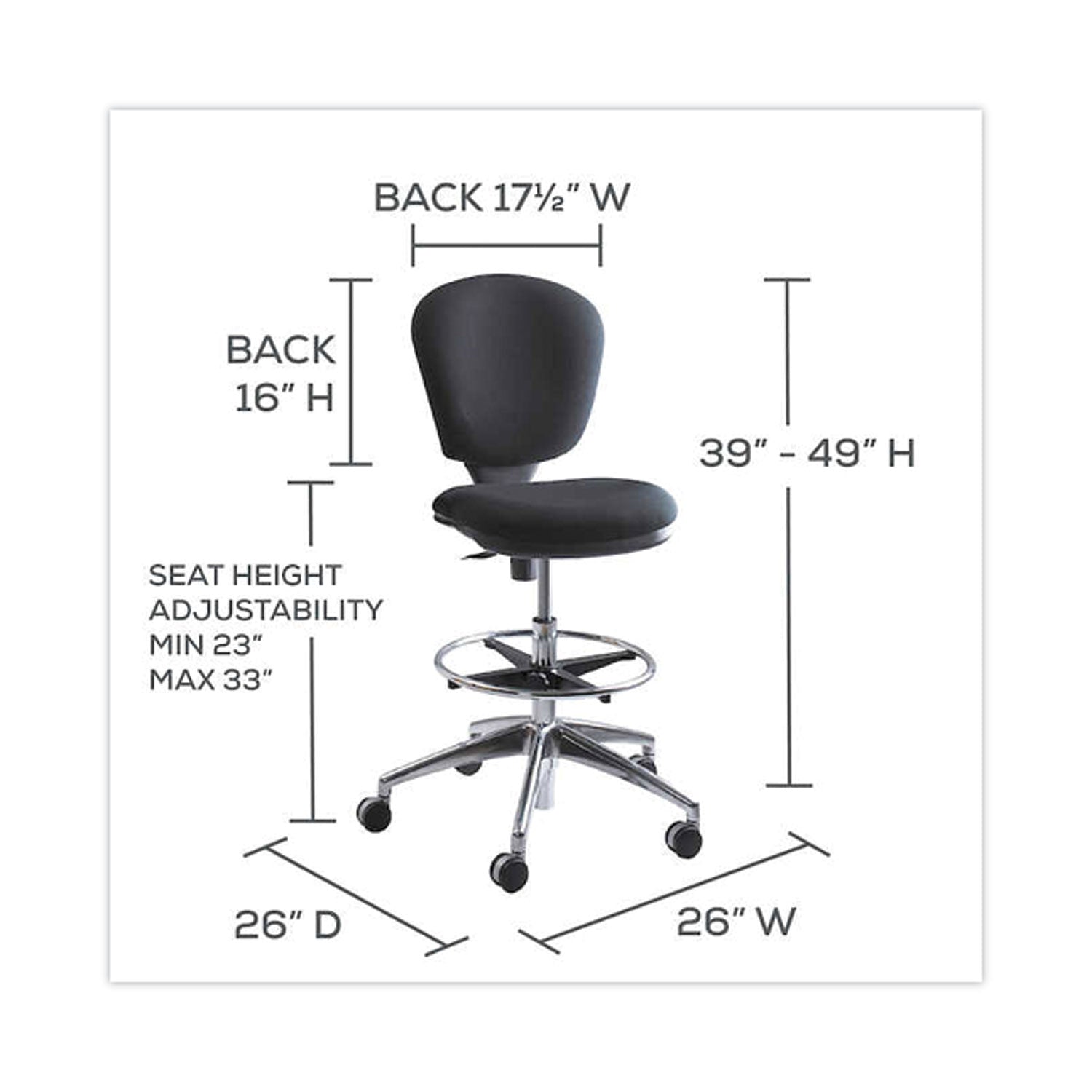 Metro Collection Extended-Height Chair, Supports Up to 250 lb, 23" to 33" Seat Height, Black Seat/Back, Chrome Base - 
