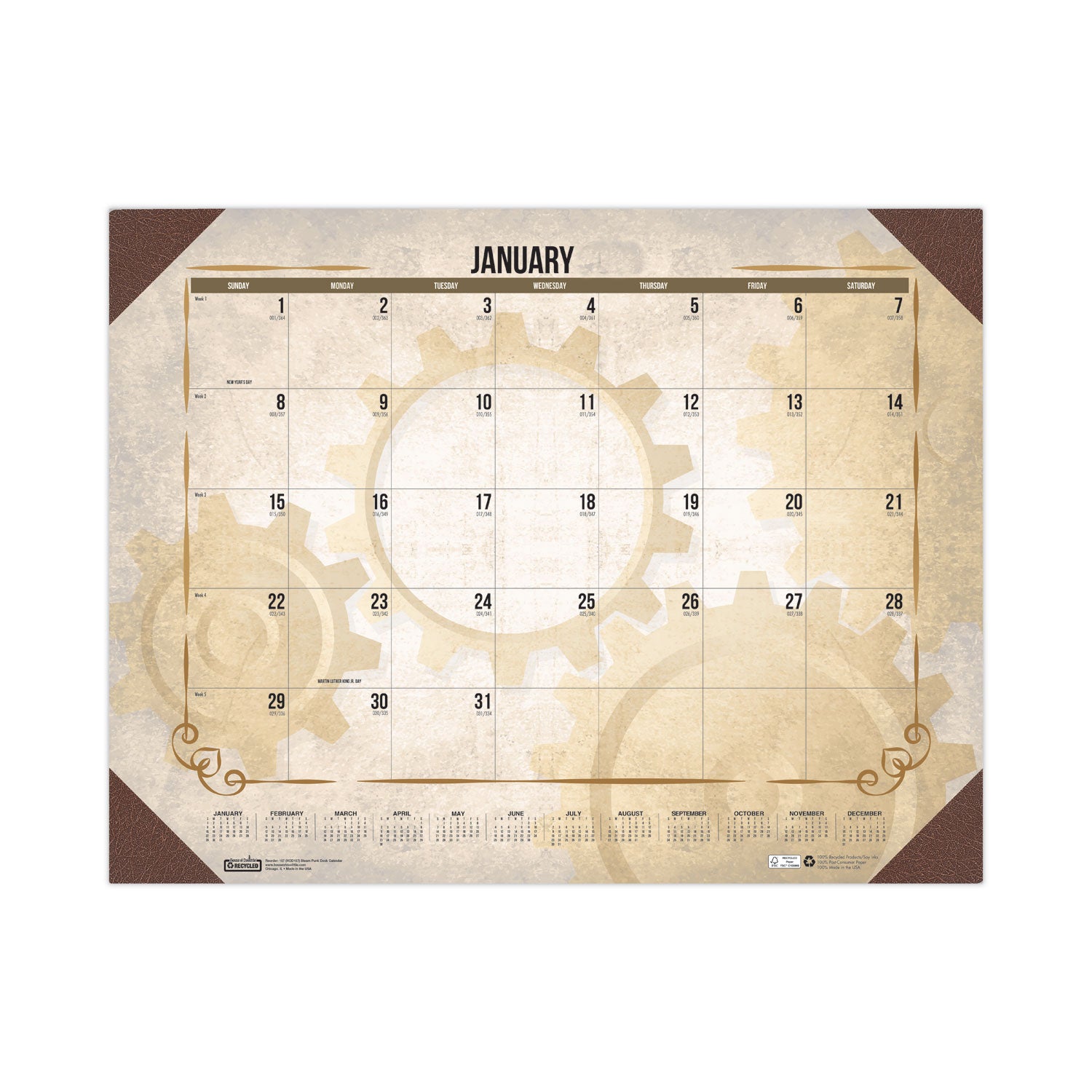 Recycled Vintage Desk Pad Calendar, Vintage Artwork, 22 x 17, Sepia Sheets, Brown Corners, 12-Month (Jan-Dec): 2024