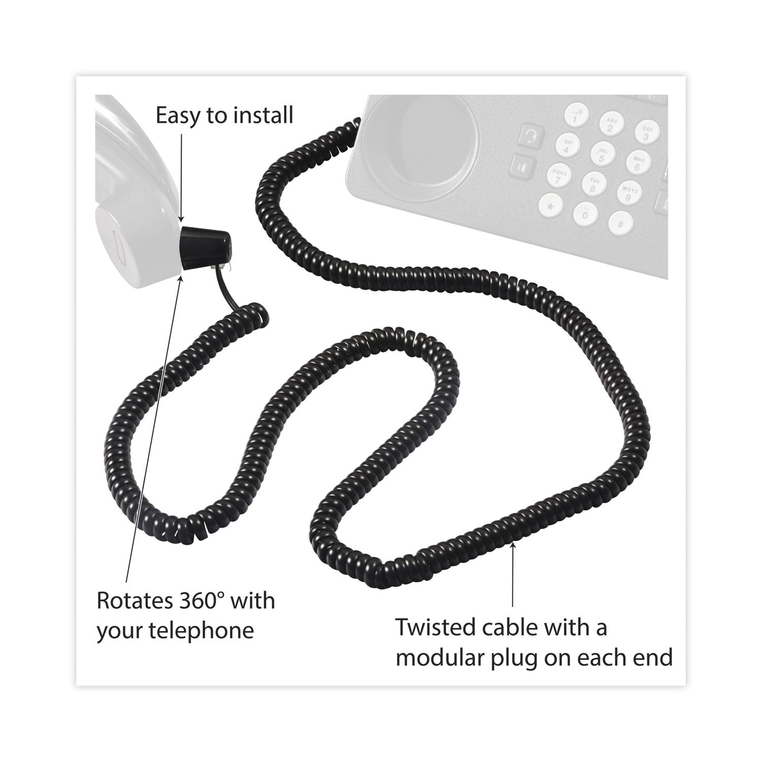 Twisstop Detangler with Coiled, 25-Foot Phone Cord, Black - 