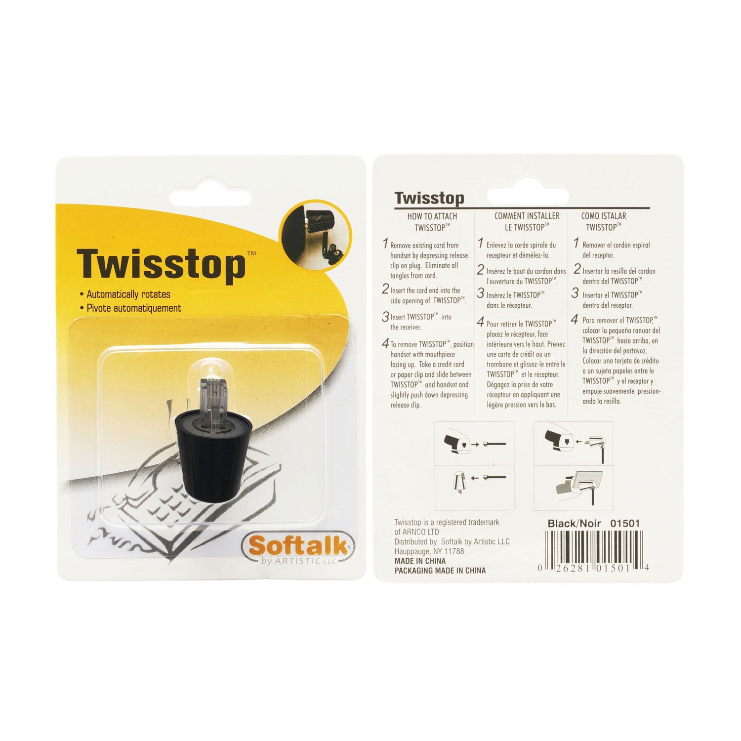 Twisstop Rotating Phone Cord Detangler, Black - 