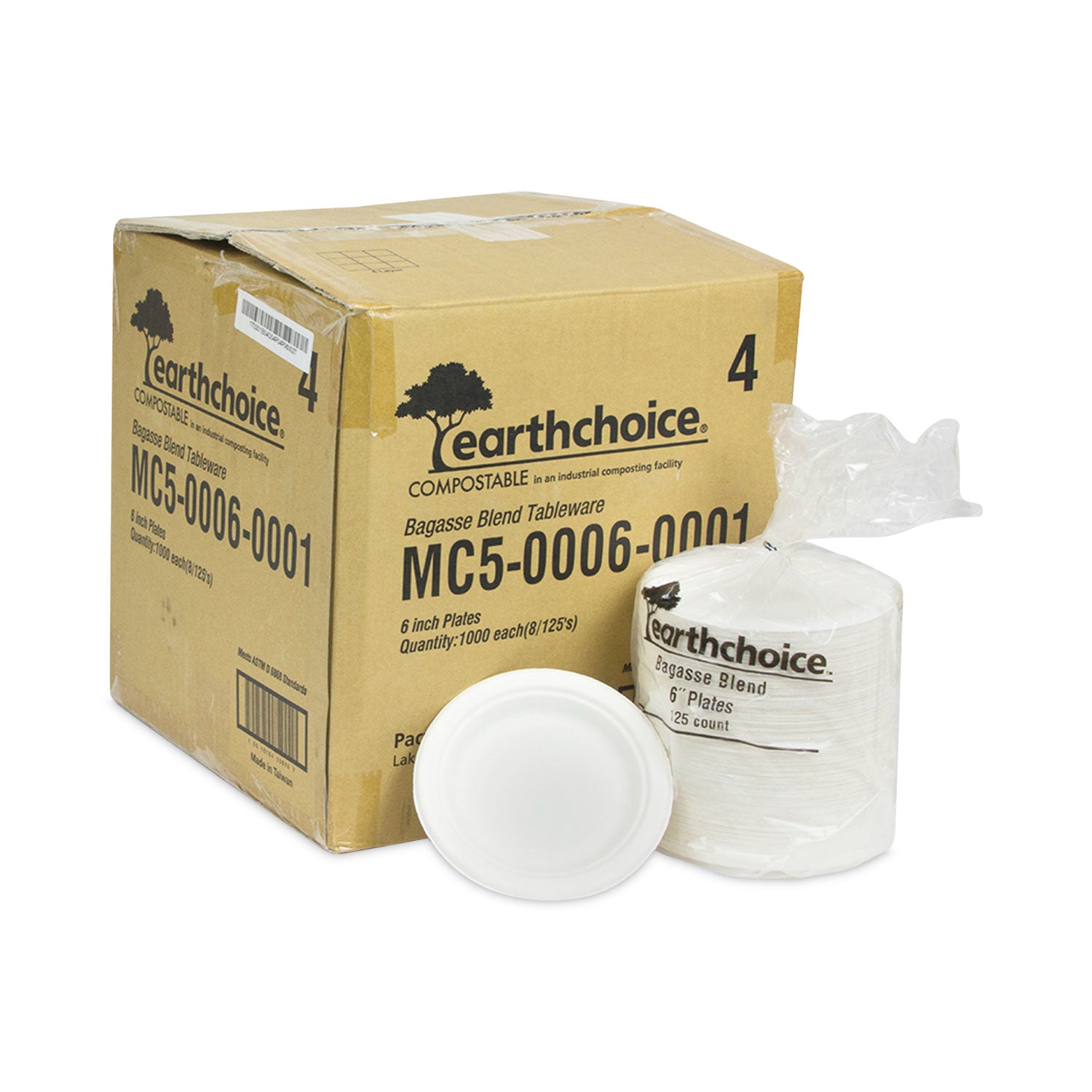 EarthChoice Compostable Fiber-Blend Bagasse Dinnerware, Plate, 6" dia, Natural, 1,000/Carton