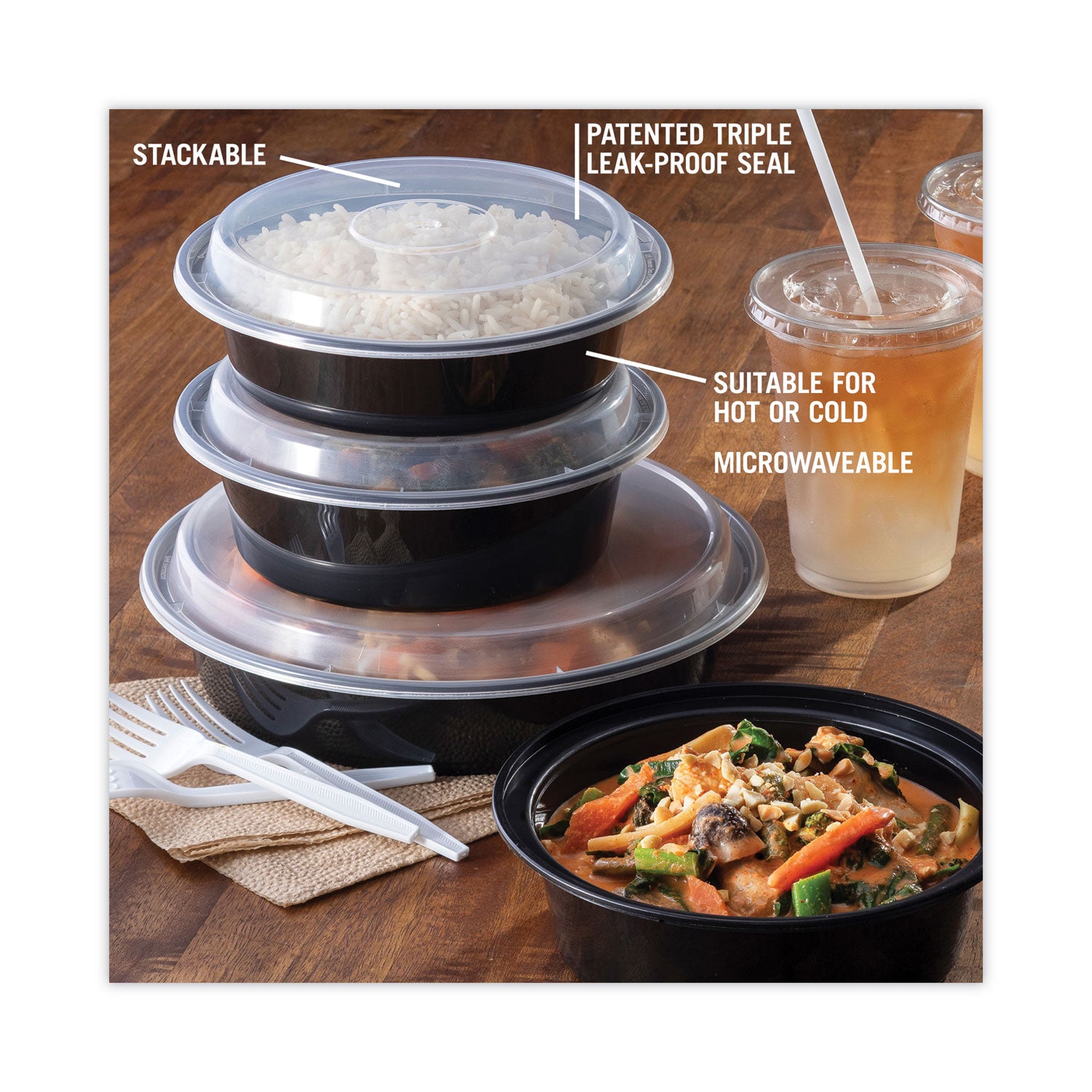 Newspring VERSAtainer Microwavable Containers, 24 oz, 7" Diameter, Black/Clear, Plastic, 150/Carton - 