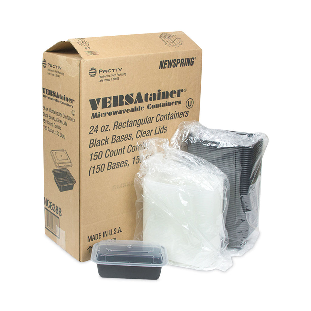 Newspring VERSAtainer Microwavable Containers, 24 oz, 5 x 7.25 x 2, Black/Clear, Plastic, 150/Carton