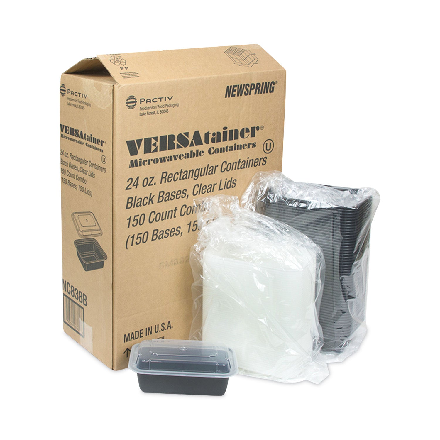 Newspring VERSAtainer Microwavable Containers, 24 oz, 5 x 7.25 x 2, Black/Clear, Plastic, 150/Carton