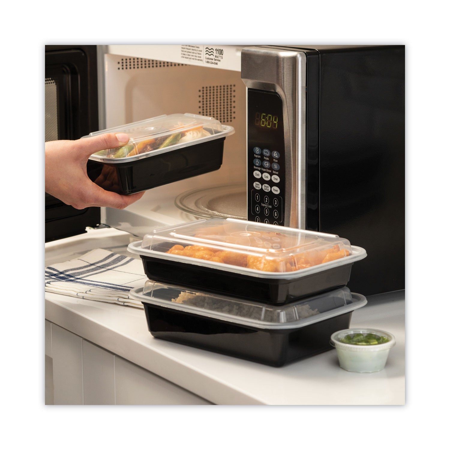 Newspring VERSAtainer Microwavable Containers, 38 oz, 6 x 8.5 x 2, Black/Clear, Plastic, 150/Carton - 