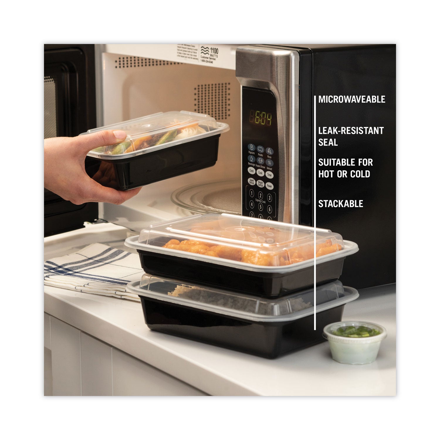 Newspring VERSAtainer Microwavable Containers, 38 oz, 6 x 8.5 x 2, Black/Clear, Plastic, 150/Carton
