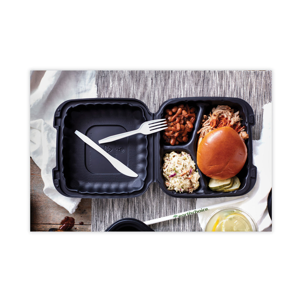 EarthChoice SmartLock Microwavable MFPP Hinged Lid Container, 3-Compartment, 8.3 x 8.3 x 3.4, Black, Plastic, 200/Carton
