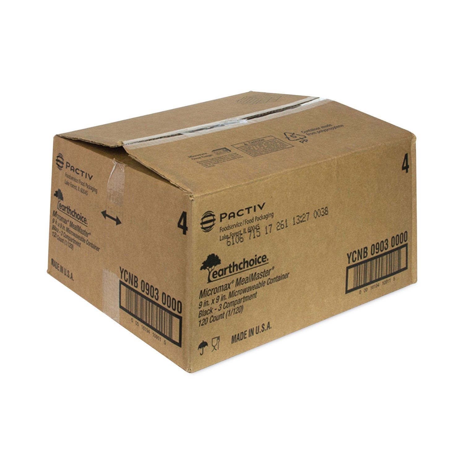 EarthChoice SmartLock Microwavable MFPP Hinged Lid Container, 3-Compartment, 9.33 x 8.88 x 3.1, Black, Plastic, 120/Carton