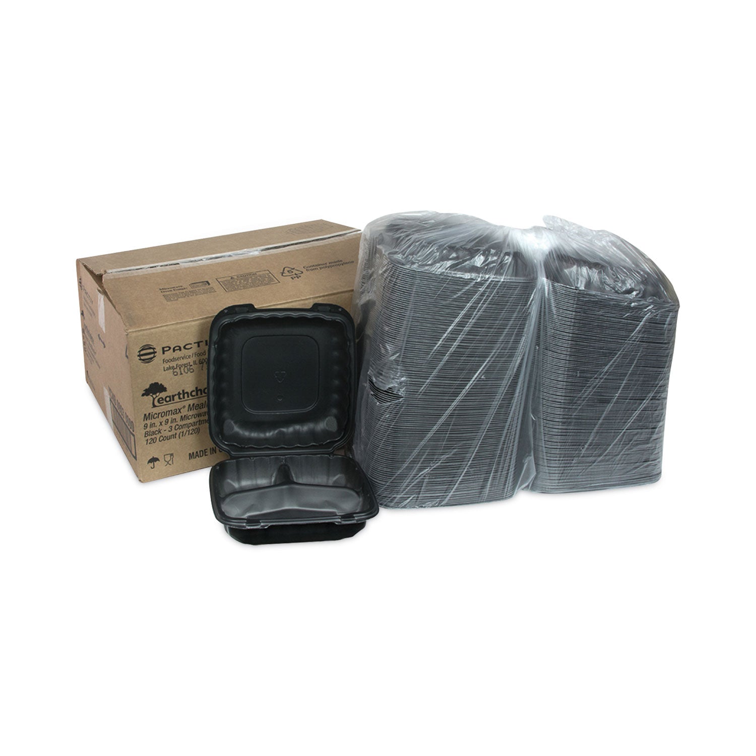 EarthChoice SmartLock Microwavable MFPP Hinged Lid Container, 3-Compartment, 9.33 x 8.88 x 3.1, Black, Plastic, 120/Carton