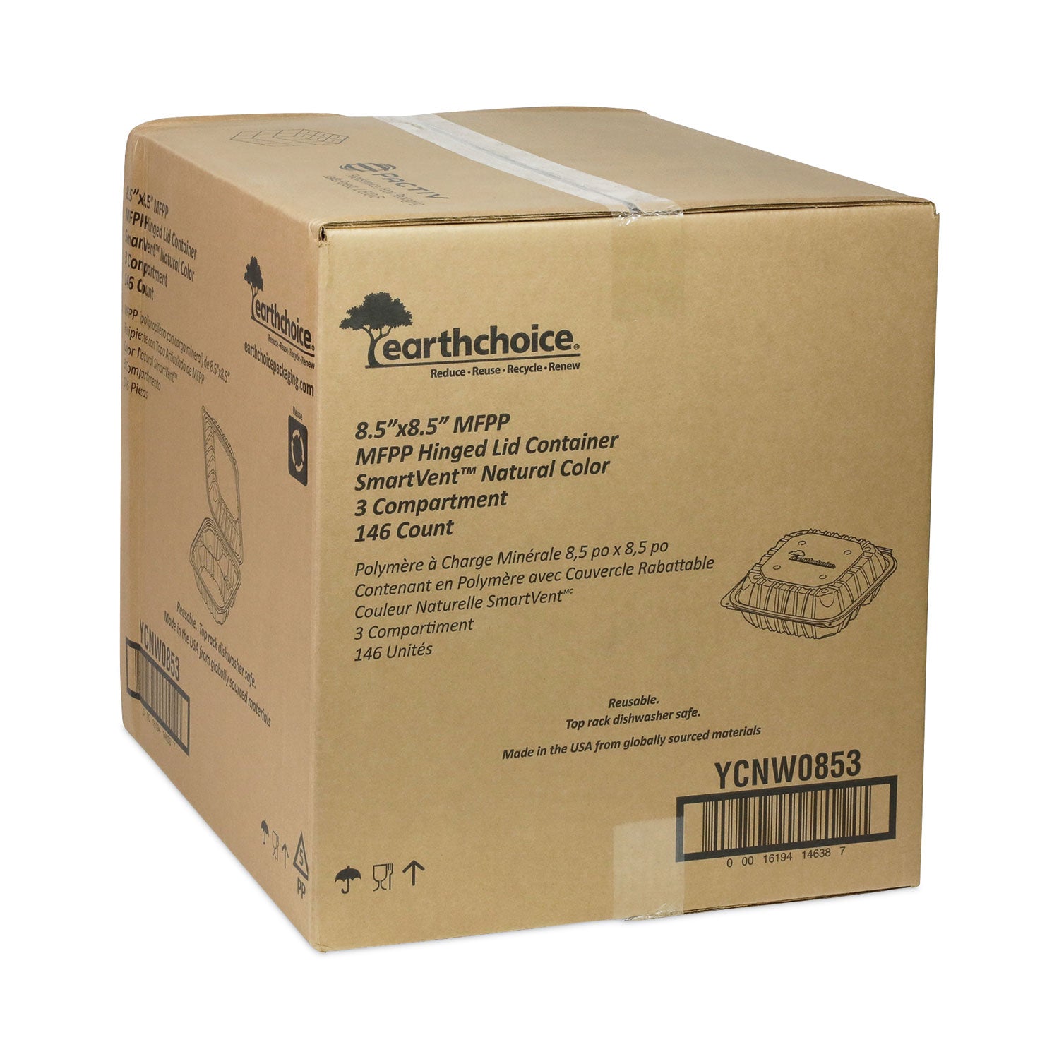 EarthChoice Vented Microwavable MFPP Hinged Lid Container, 3-Compartment, 8.5 x 8.5 x 3.1, White, Plastic, 146/Carton
