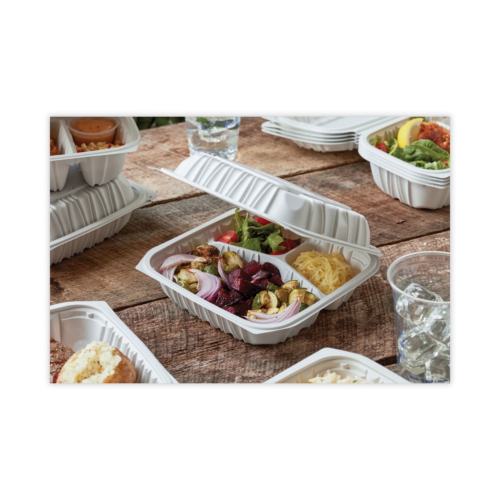 EarthChoice Vented Microwavable MFPP Hinged Lid Container, 3-Compartment, 8.5 x 8.5 x 3.1, White, Plastic, 146/Carton