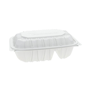 EarthChoice Vented Microwavable MFPP Hinged Lid Container, 2-Compartment, 9 x 6 x 3.1, White, Plastic, 170/Carton