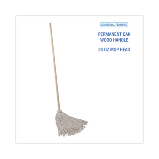 Handle/Deck Mops, #24 White Cotton Head, 54" Natural Wood Handle, 6/Pack