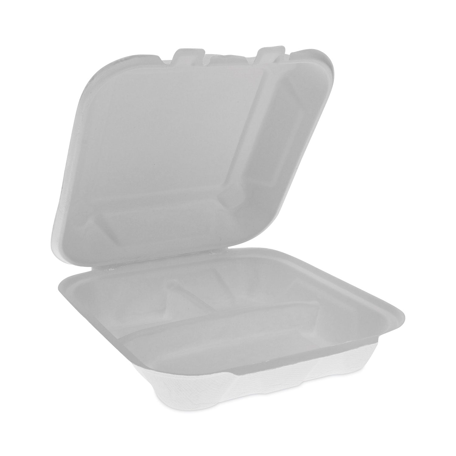 earthchoice-bagasse-hinged-lid-container-3-compartment-dual-tab-lock-78-x-78-x-28-natural-sugarcane-150-carton_pctymch08030001 - 1