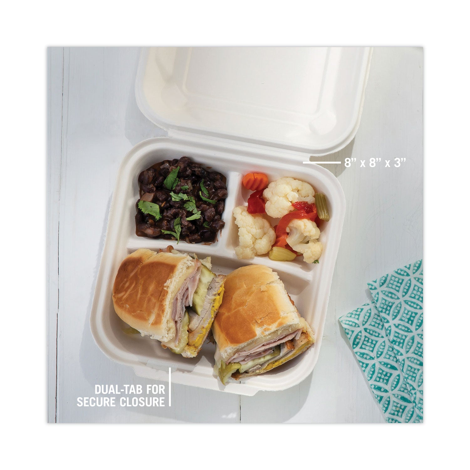 earthchoice-bagasse-hinged-lid-container-3-compartment-dual-tab-lock-78-x-78-x-28-natural-sugarcane-150-carton_pctymch08030001 - 6