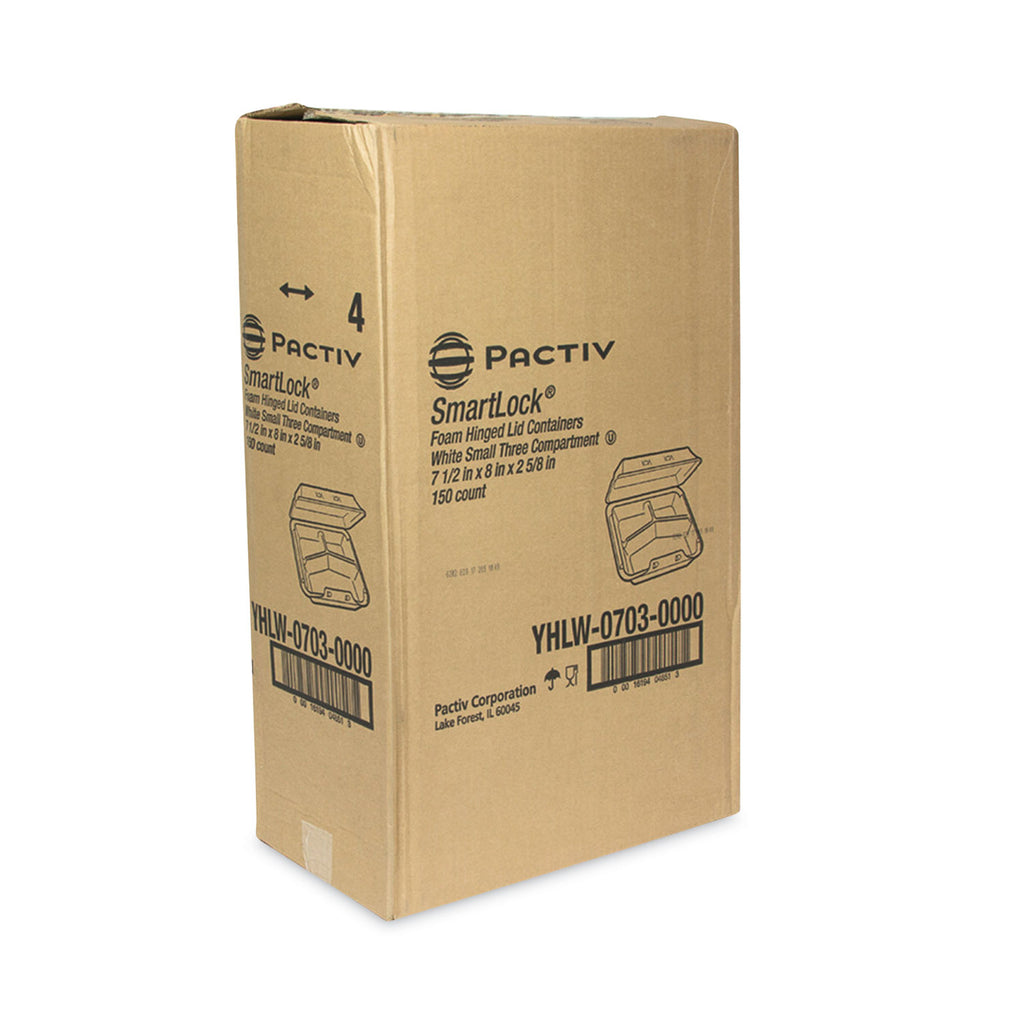 SmartLock Foam Hinged Lid Container, Small, 3-Compartment, 7.5 x 8 x 2.63, White, 150/Carton
