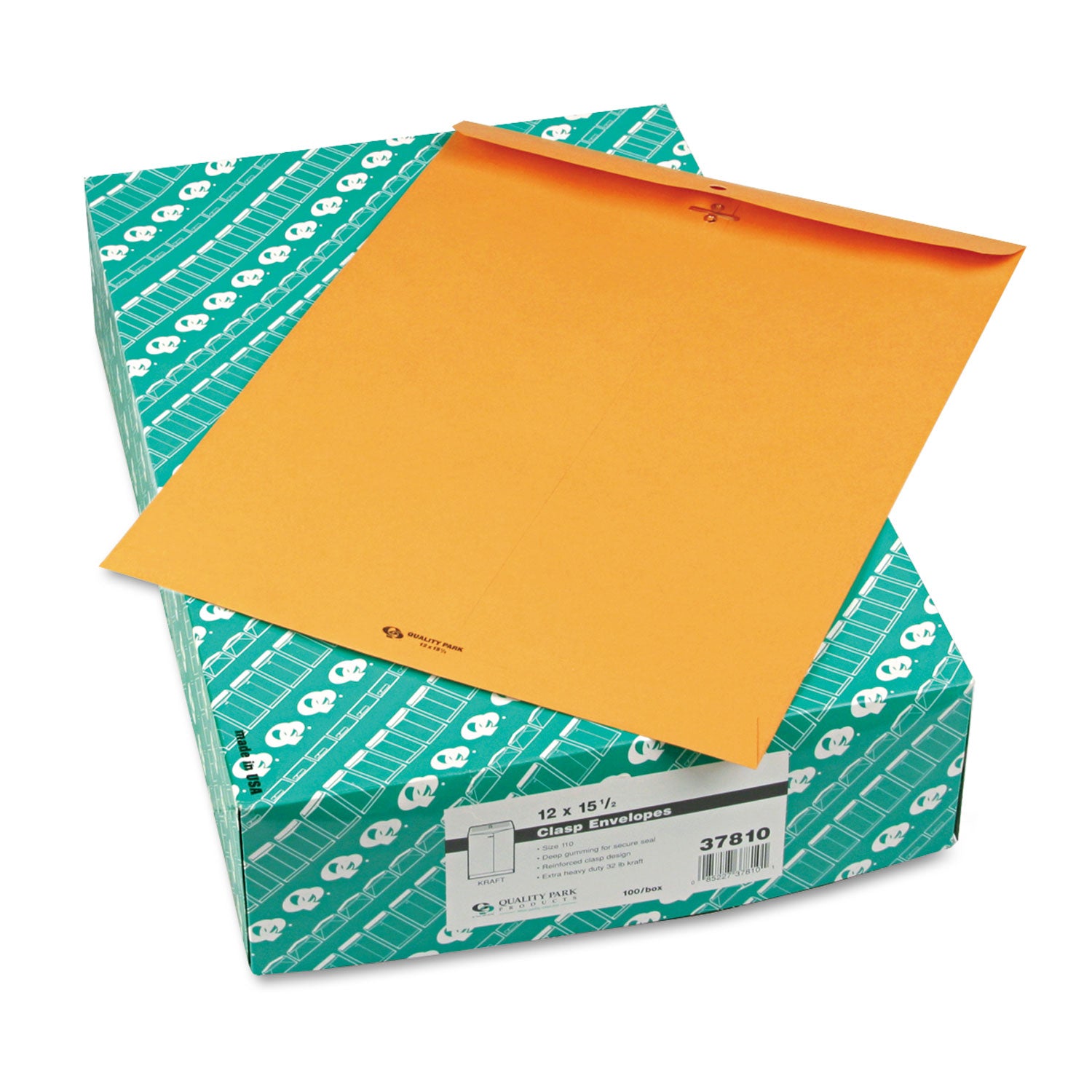 Clasp Envelope, 32 lb Bond Weight Kraft, #15 1/2, Square Flap, Clasp/Gummed Closure, 12 x 15.5, Brown Kraft, 100/Box - 