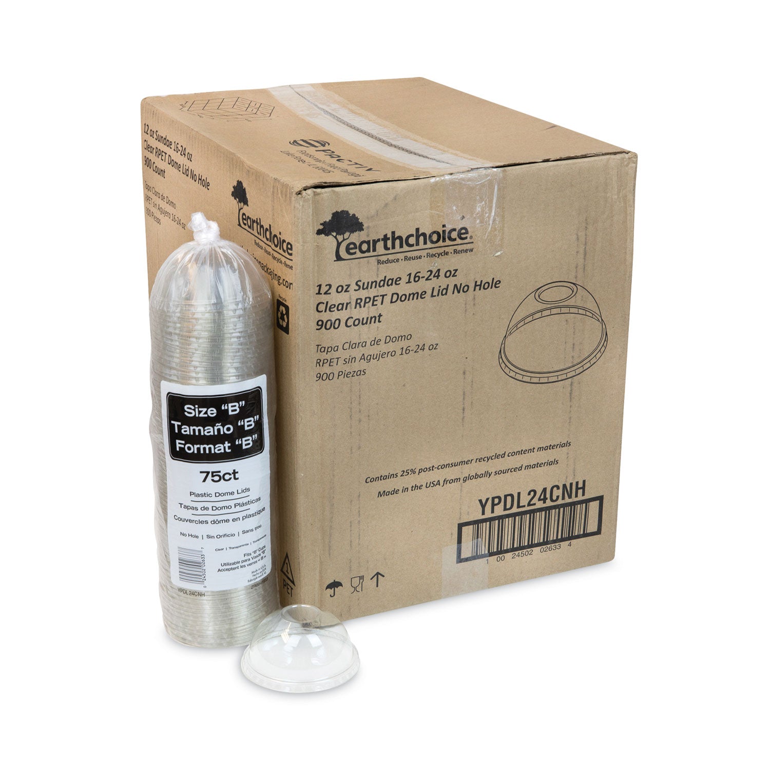 EarthChoice Strawless RPET Lid, Dome Lid, Clear, Fits 12 oz to 24 oz "B" Cups, Clear, 1,020/Carton