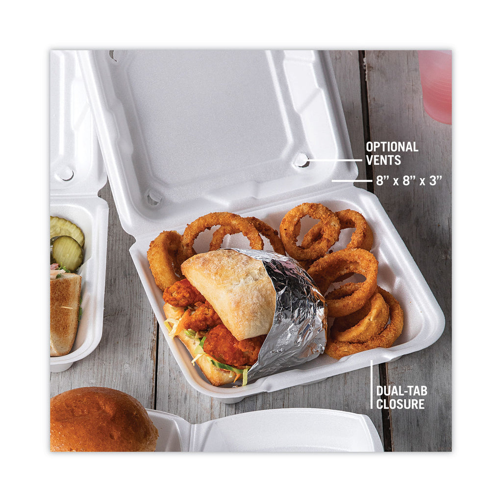 Vented Foam Hinged Lid Container, Dual Tab Lock, 8.42 x 8.15 x 3, White, 150/Carton