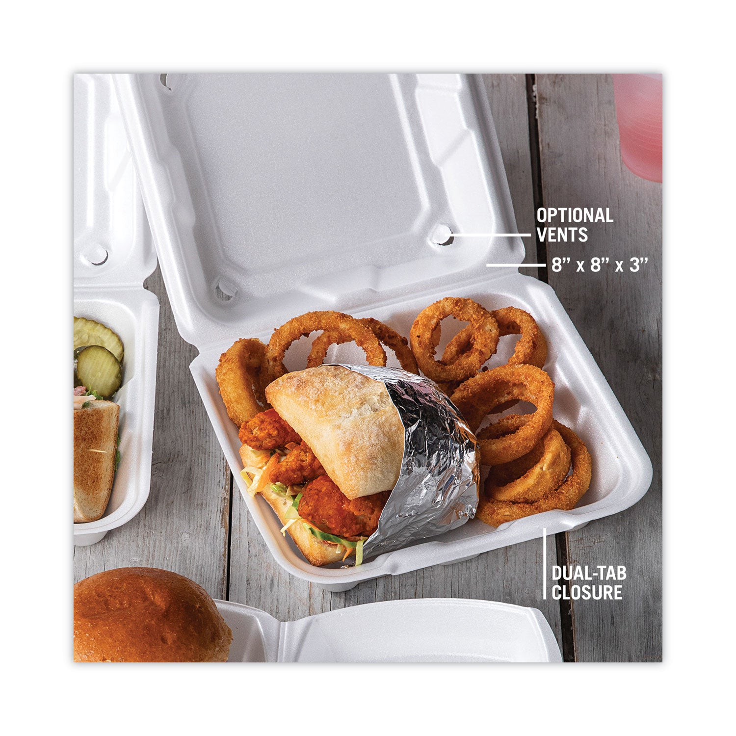 Vented Foam Hinged Lid Container, Dual Tab Lock, 8.42 x 8.15 x 3, White, 150/Carton