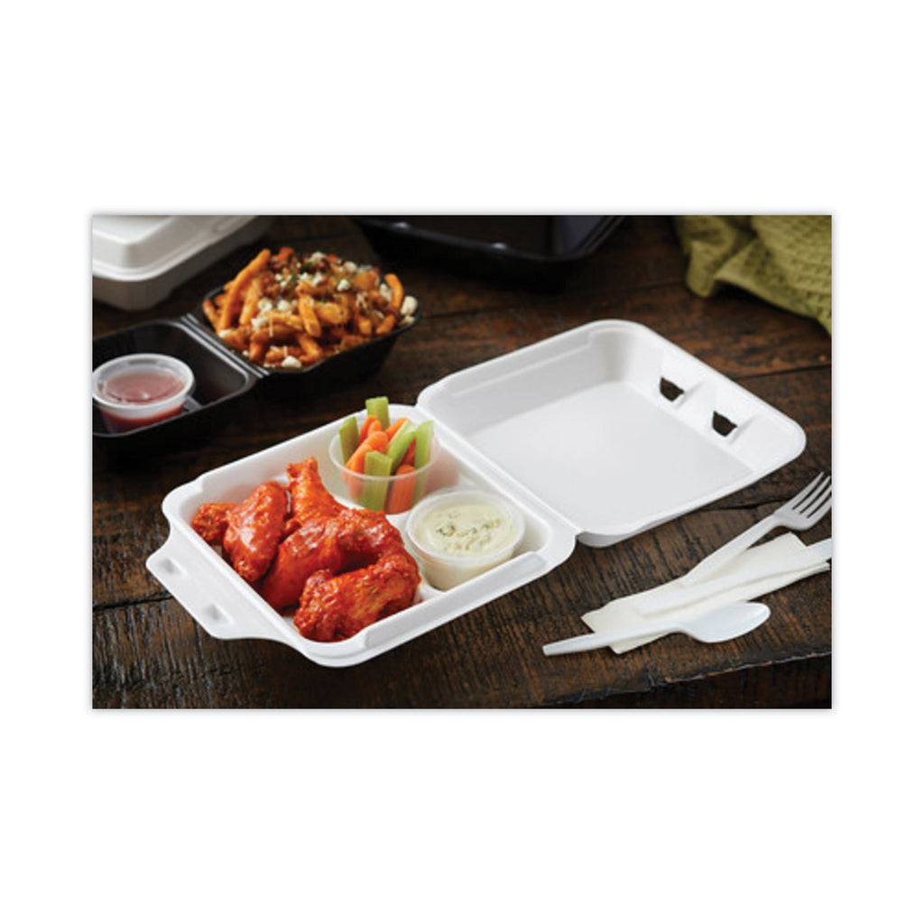 Foam Hinged Lid Containers, White, 9 x 9 x 3.25, 3-Compartment, 150/Carton