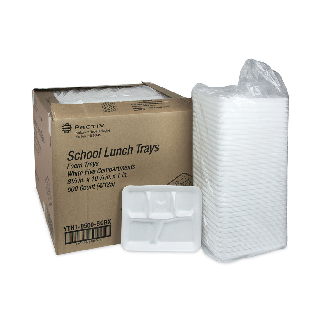 Foam School Trays, 5-Compartment, 8.25 x 10.5 x 1, White, 500/Carton