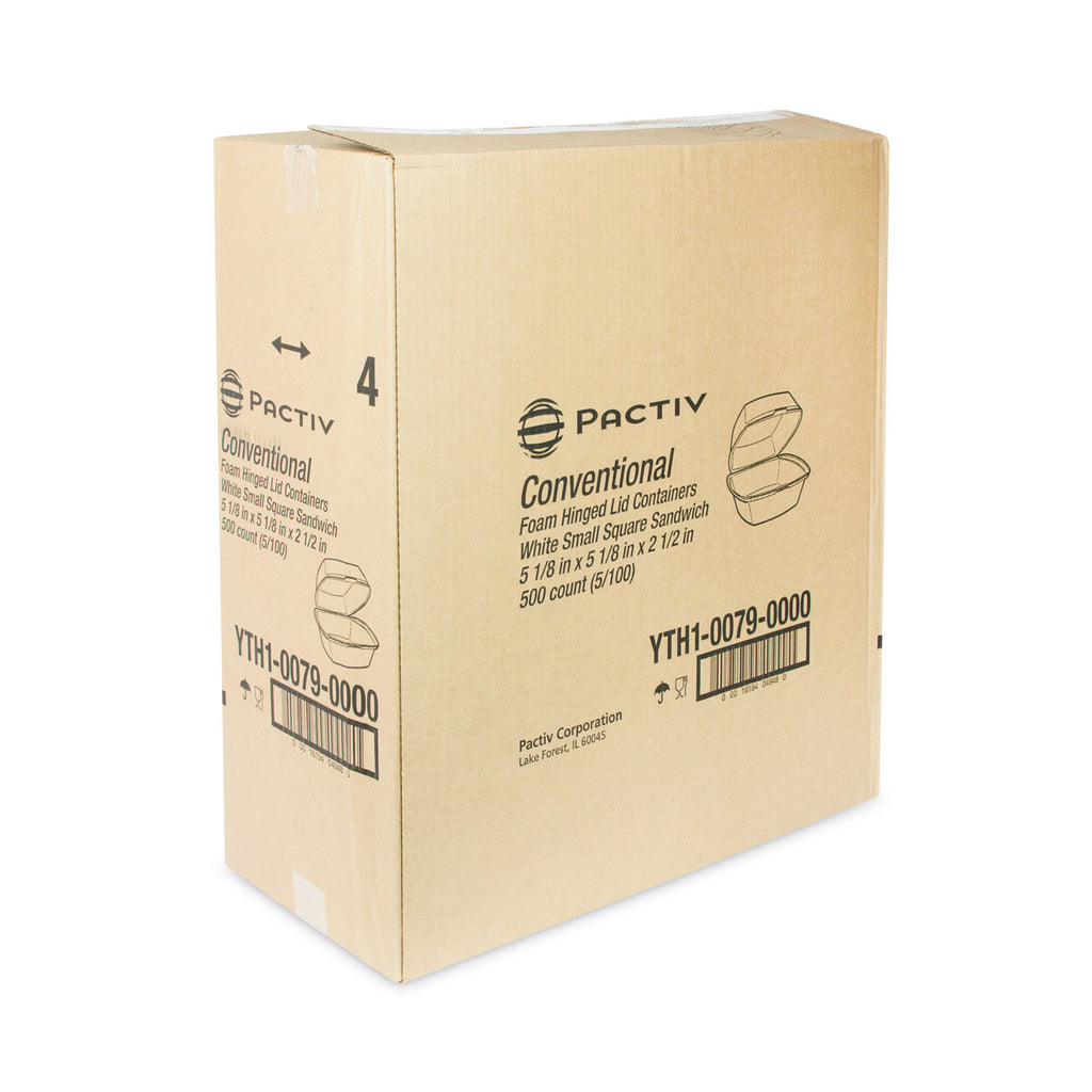 Foam Hinged Lid Container, Single Tab Lock, 5.13 x 5.13 x 2.5, White, 500/Carton