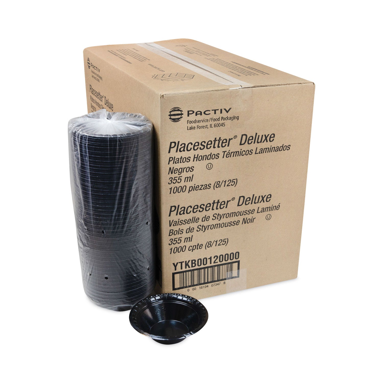 Placesetter Deluxe Laminated Foam Dinnerware, Bowl, 12 oz, 6" dia, Black, 1,000/Carton