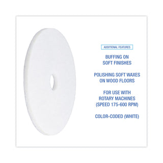 Polishing Floor Pads, 20" Diameter, White, 5/Carton