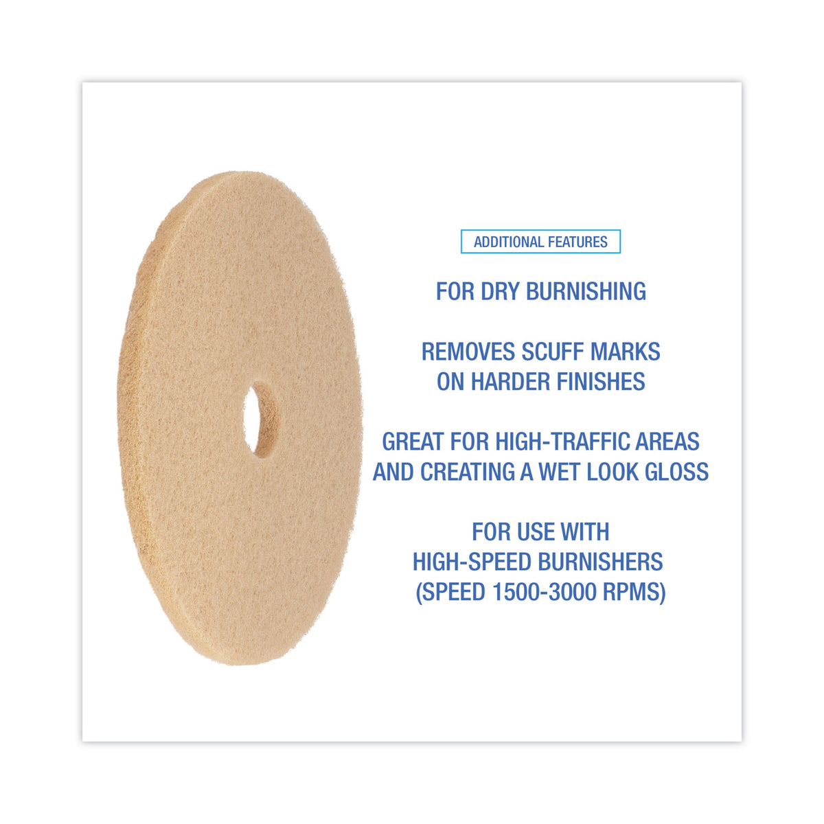 Burnishing Floor Pads, 20" Diameter, Tan, 5/Carton