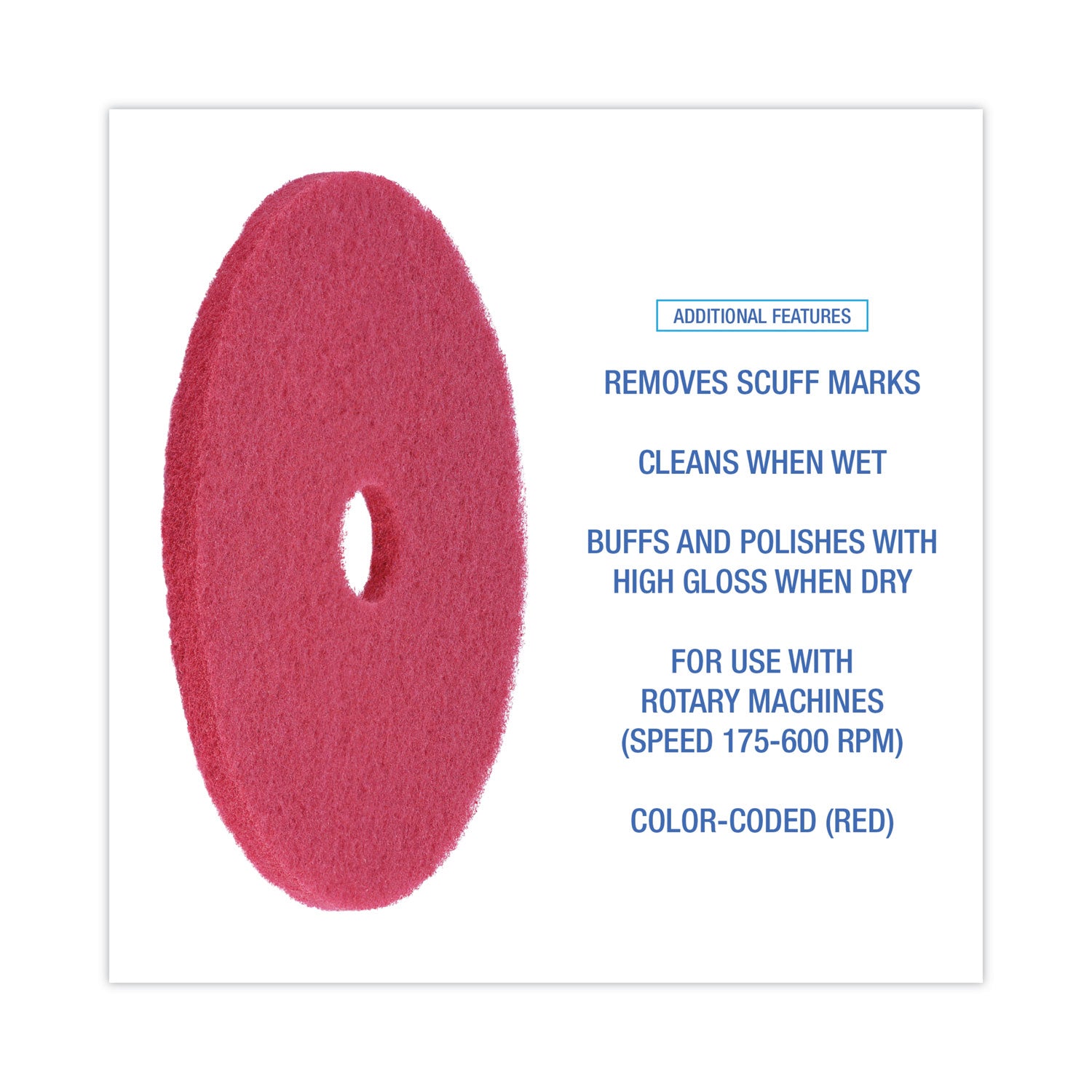 Buffing Floor Pads, 20" Diameter, Red, 5/Carton - 