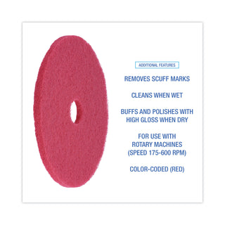 Buffing Floor Pads, 20" Diameter, Red, 5/Carton