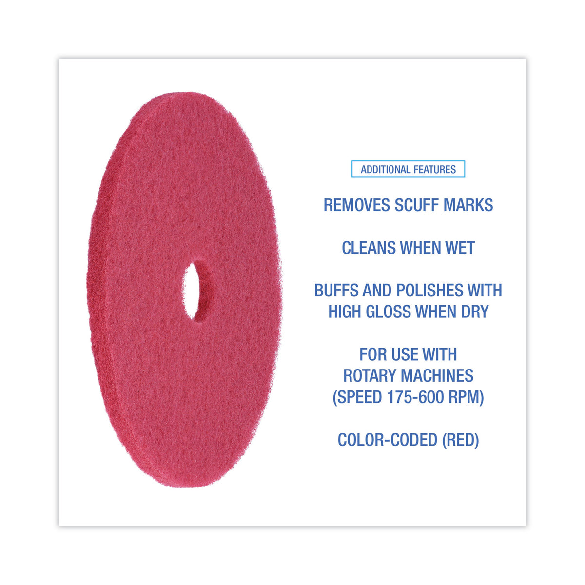 Buffing Floor Pads, 20" Diameter, Red, 5/Carton