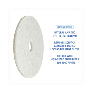 Natural Burnishing Floor Pads, 20" Diameter, White, 5/Carton