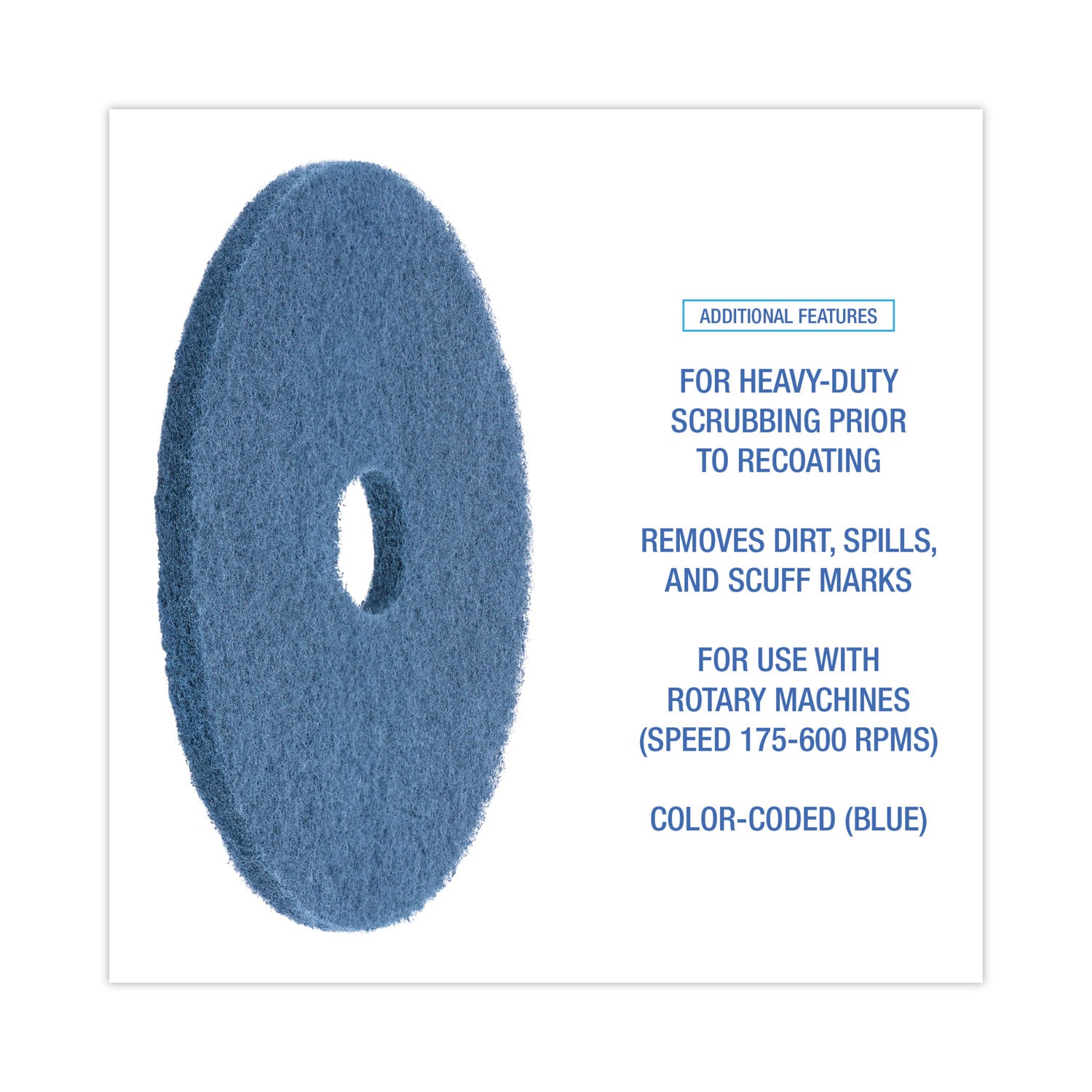 Scrubbing Floor Pads, 20" Diameter, Blue, 5/Carton