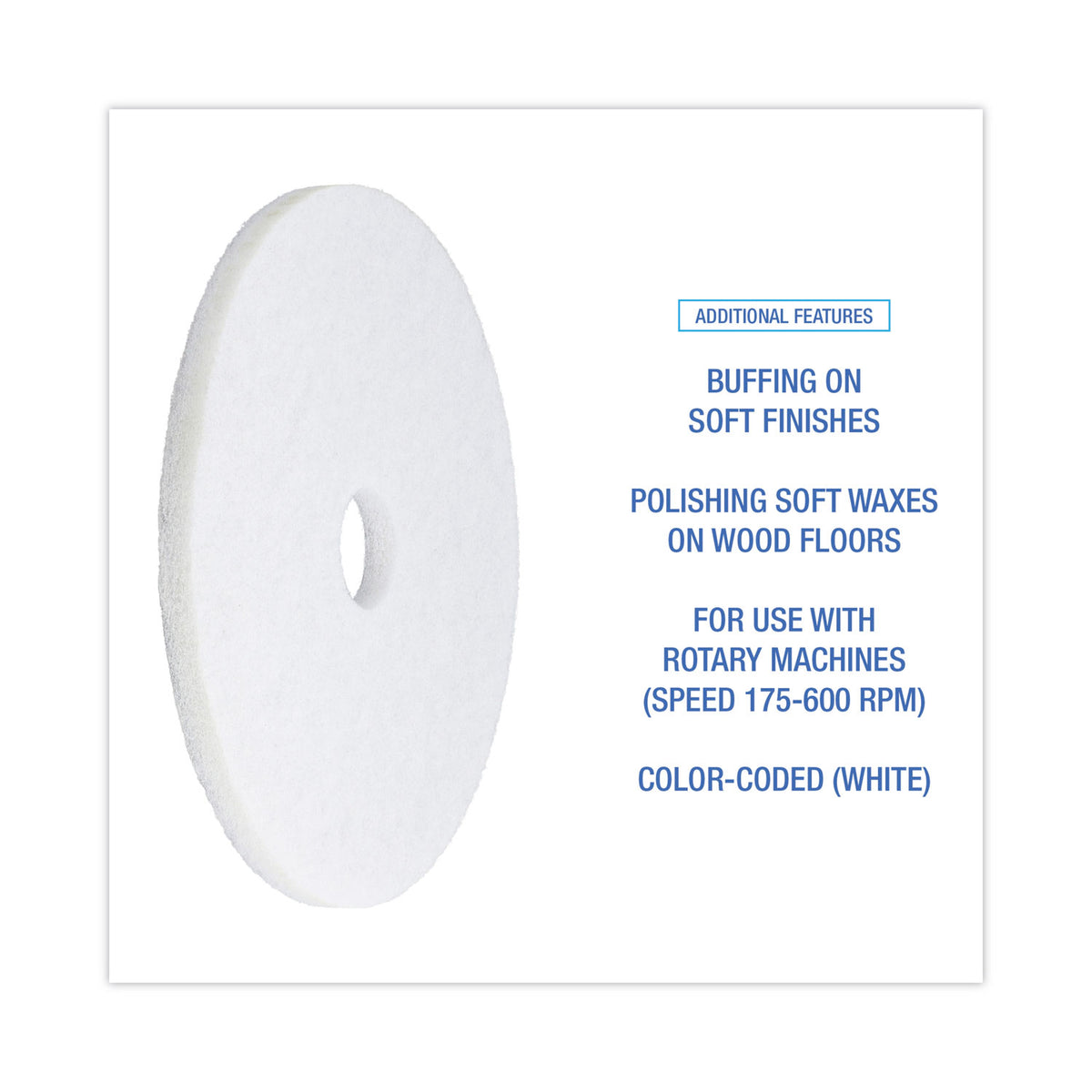 Polishing Floor Pads, 19" Diameter, White, 5/Carton