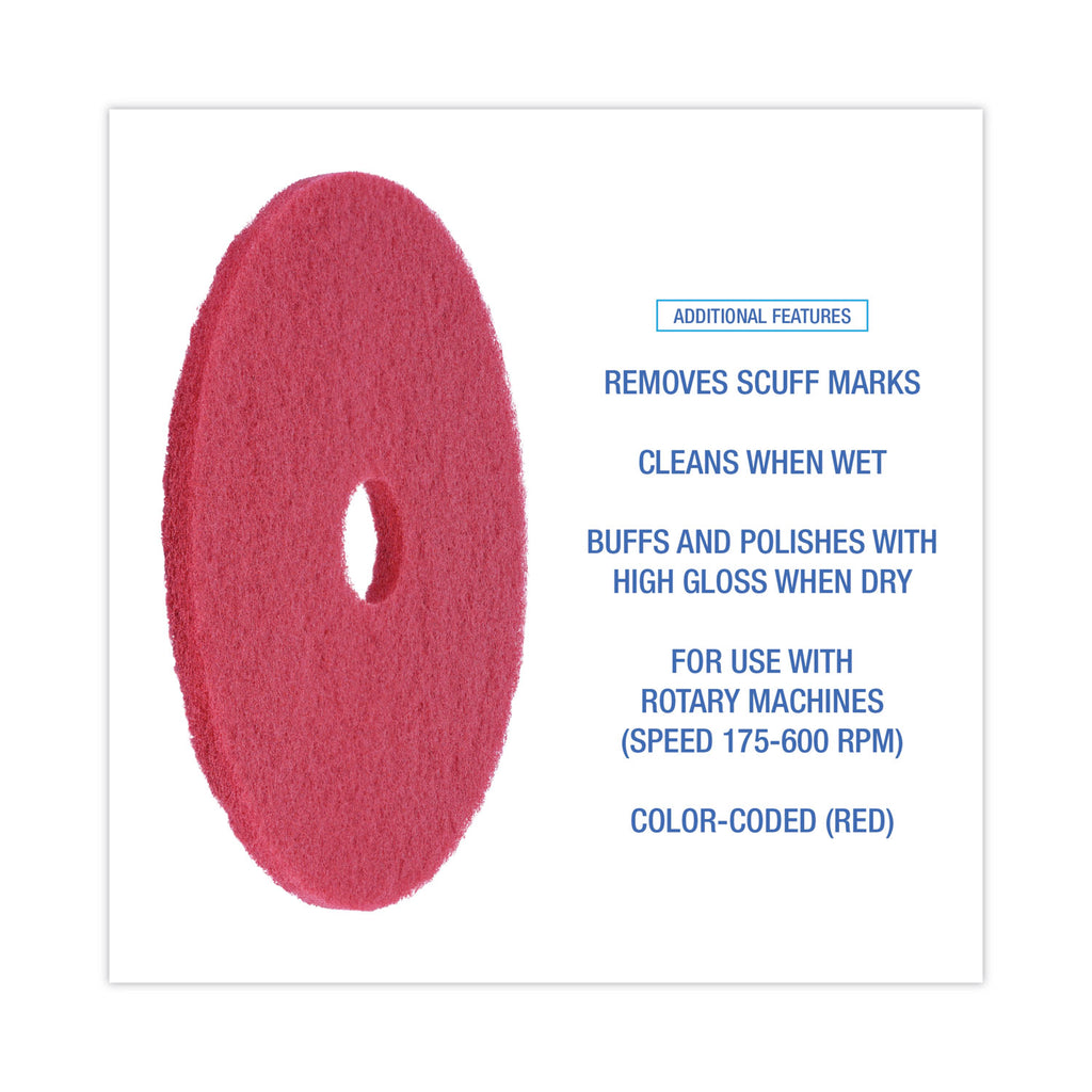 Buffing Floor Pads, 19" Diameter, Red, 5/Carton
