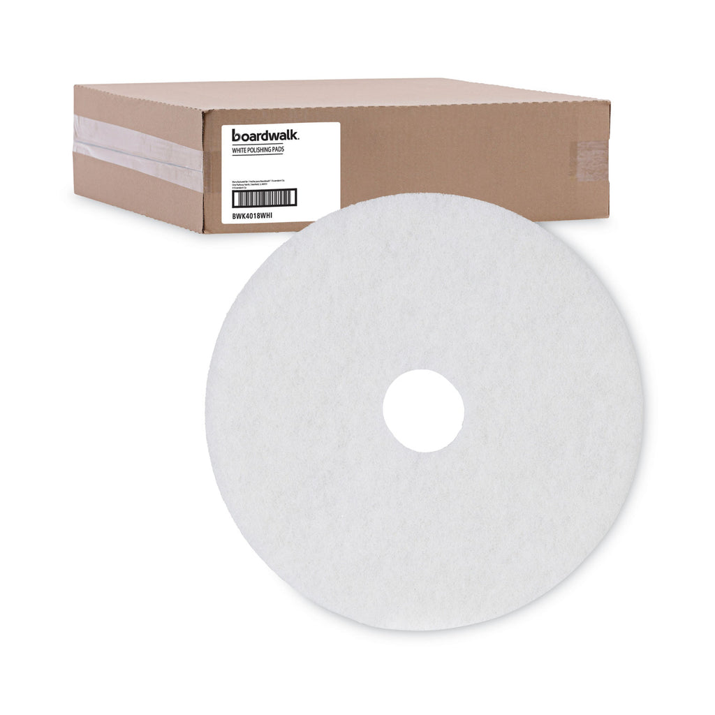 Polishing Floor Pads, 18" Diameter, White, 5/Carton