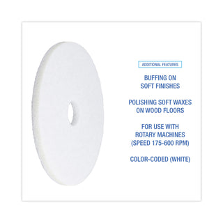 Polishing Floor Pads, 18" Diameter, White, 5/Carton