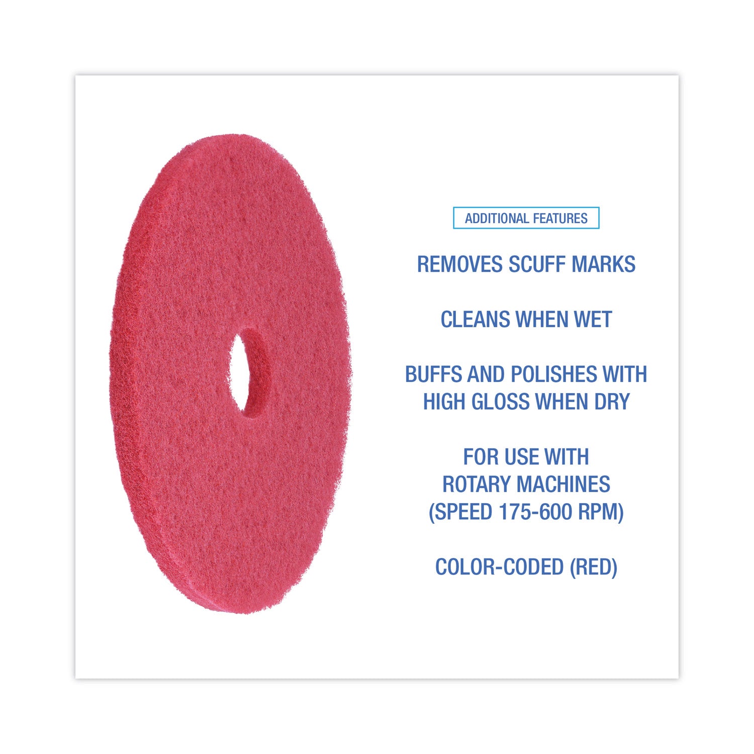 Buffing Floor Pads, 17" Diameter, Red, 5/Carton - 